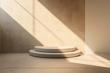 Poster - Sunlight casts geometric shadows on a minimalist pedestal in a modern interior