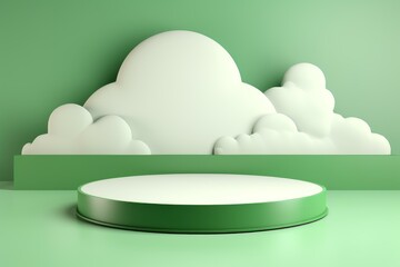 Poster - Green podium displaying products with cartoon clouds on green background, perfect for showcasing eco friendly items