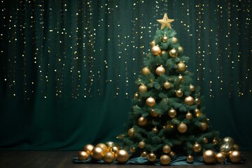 Poster - Decorated christmas tree with golden shiny globes and star against green curtain with golden bokeh lights