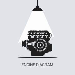 Poster - Isolated illustration of a car engine diagram lit by a spotlight on a clean gray background.