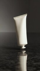 Poster - Cream tube on reflective surface. Angled shot. Off-white tube against dark backdrop with gentle lighting. Focus on product placement. Shadow and reflection creates depth