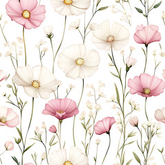 Wall Mural - soft pink and white cosmos flowers with delicate green leaves create gentle and elegant floral patte