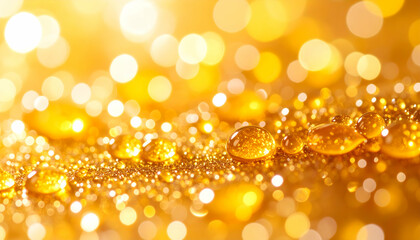 Poster - Golden droplets shimmer on a reflective surface with blurred light effects