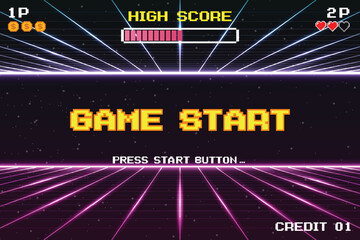 Poster - GAME START. pixel art. 8 bit game. retro game. for game assets in vector illustrations. arcade gaming.	