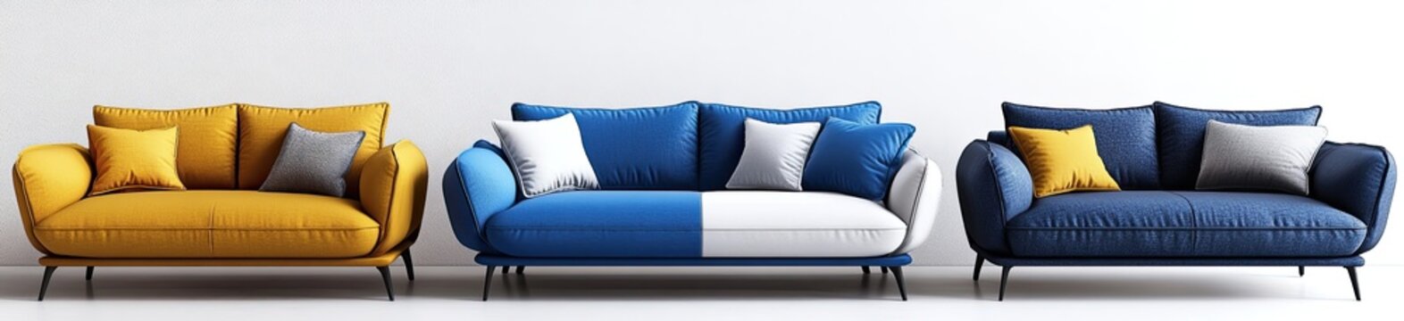 Three sofas in mustard yellow, blue, and navy blue