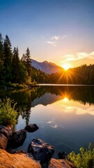 Wall Mural - scenic mountain lake reflecting a radiant sunset, bordered by lush green forest and foreground rocks