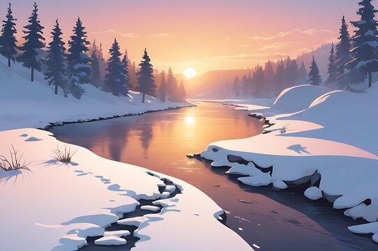 Solo Winter Hike at Sunset: Footprints in Snow Along a River