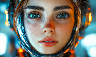 Poster - Close-up of futuristic young woman with realistic 3D facial features wearing illuminated high-tech headset glowing blue and orange lights digital avatar concept