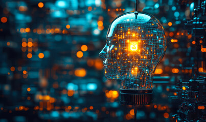 Poster - Transparent robotic head with glowing microchip components and digital circuitry illuminated against blurred bokeh background symbolizing artificial intelligence and futuristic technology concept