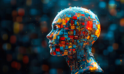 Poster - Profile of futuristic humanoid robot head composed of glowing circuit board elements and digital technology components in abstract blue and orange colors