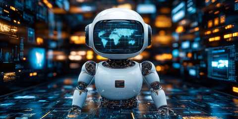 Poster - Futuristic white robot with digital world map on screen head standing in high-tech data center with glowing interface panels and circuit connections