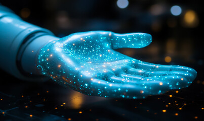 Poster - Futuristic robotic hand glowing with digital particles and data points symbolizing advanced technology and artificial intelligence innovation in dark background