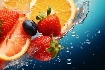 Poster - Strawberries, blueberries, orange and grapefruit slices splashing into crystal clear water, creating a refreshing and vibrant image