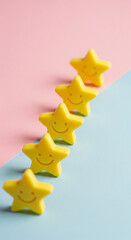 Poster - Five yellow stars with smiling faces arranged on pink and blue background, symbolizing positive feedback or rating, perfect for reviews or customer satisfaction concepts