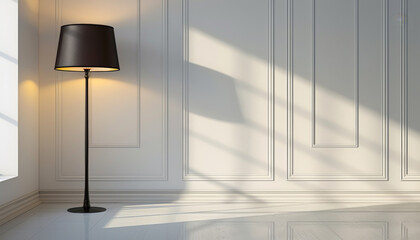 Poster - Elegant floor lamp with minimalist design stands against white paneled wall, casting soft shadow on glossy floor in bright, modern living room interior, creating calm atmosphere