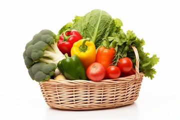 Poster - Wicker basket overflowing with colorful fresh vegetables, promoting healthy eating and farm fresh produce