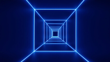 Poster - Abstract Blue Neon Light Tunnel Infinite Recursive Square Corridor Glowing Lines Dark Background 3 D Render