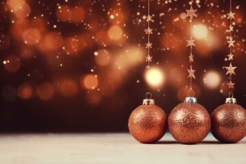Poster - Christmas balls and golden star garlands are hanging over a wooden surface on a blurred background with bokeh effect