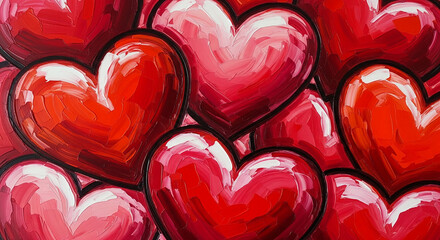 Poster - Close-up of red and pink hearts painted with thick brushstrokes, creating a textured appearance.  Symbolizes love, passion, and Valentine's Day