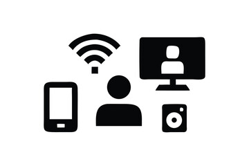 Black device icons show connection between phone, screen, user and camera