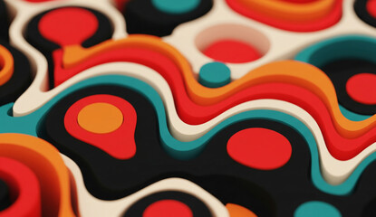 Aufkleber - Abstract image of layered, wavy shapes in red, orange, teal, black, and off-white.  The design creates a dynamic, modern feel suitable for backgrounds or presentations