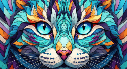 Aufkleber - Close-up of stylized cat face, blue, orange, purple hues, geometric pattern, representing artistic expression, vibrant design, pet portrait