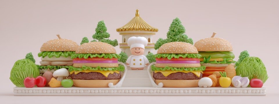 Three Gourmet Burgers with Miniature Chef and Golden Temple Setting