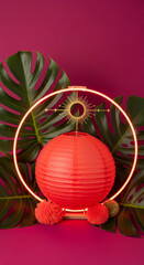 Aufkleber - Red paper lantern illuminated, within neon circle, surrounded by green monstera leaves on magenta background Showcases product display, ideal for advertisement