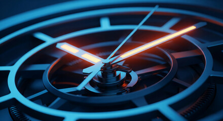 Poster - Close-up of clock mechanism, metallic blue and orange hues, showcasing intricate gears and hands, symbolizing time, precision, and movement, ideal for technology or business concepts