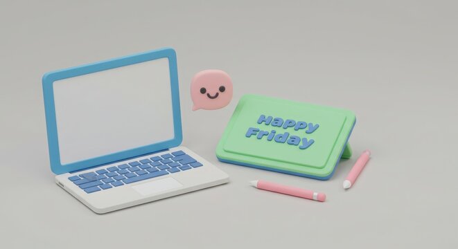 a cute 3d cartoon illustration of Laptop computer with and digital tablet displaying “Happy Friday” screen in a bright and cheerful setting