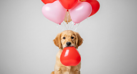 Aufkleber - Golden retriever puppy holding red heart-shaped balloon, surrounded by pink and red heart balloons, Valentine's Day theme, playful and adorable