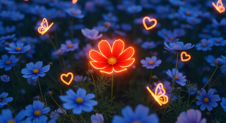 Leinwandbilder - Red cosmos flower glows amidst blue flowers, surrounded by neon hearts and butterflies, symbolizing love and nature's beauty, ideal for Valentine's Day or spring themes