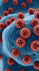 Poster - Microscopic view of virus particles with a blue organic background. Red spherical structures present, conveying biological or medical themes.