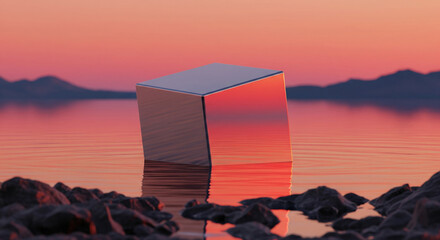 Poster - Metallic cube floats on calm water reflecting sunset hues, creating serene minimalist scene suitable for product showcase or advertisement