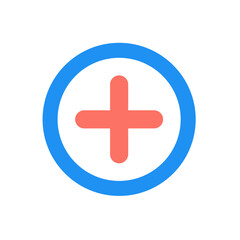 Poster - A simple blue circle with a coral plus sign centered inside the shape on a white background view
