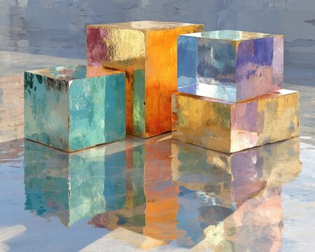 Abstract painted reflective cubes of varying sizes, watery reflections