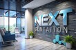 © Design_Poster - Modern office reception area with sleek blue and white next generation dimensional lettering on a textured stone wall and comfortable seating with large windows overlooking a green landscape