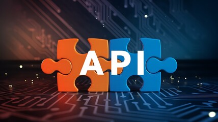 Orange and blue puzzle pieces forming A P I on circuit board application programming interface