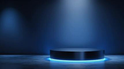 Poster - Illuminated platform in a blue studio setting with spotlights and reflections