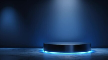 Poster - Illuminated circular platform on a dark blue background with spotlight effect