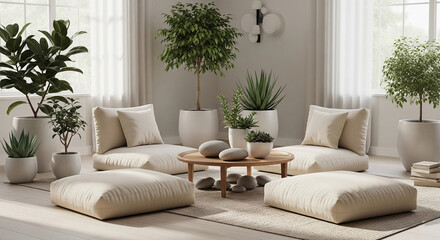 Poster - Beige floor cushions arranged around a wooden coffee table with plants, symbolizing serenity and relaxation in a minimalist living room setting