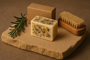 Poster - stone surface holds soap bars, brush, and sprig of rosemary.