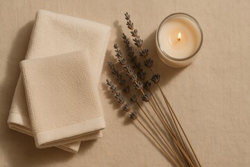 Poster - stack of folded beige cloth napkins next to lit candle on textured surface, accompanied by lavender sticks.