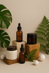 Poster - Three bottles of skincare products on rocks, with plant leaves and eggs in background.