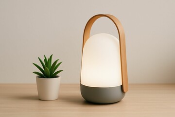 Poster - modern-style diffuser with wooden handles on table next to small plant in white pot.