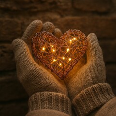 Poster - heart-shaped lantern held in hands against brick wall.