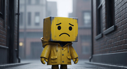 Poster - Cubic figure in yellow raincoat stands in rainy alleyway, expressing sadness.  Image evokes feelings of loneliness and melancholy