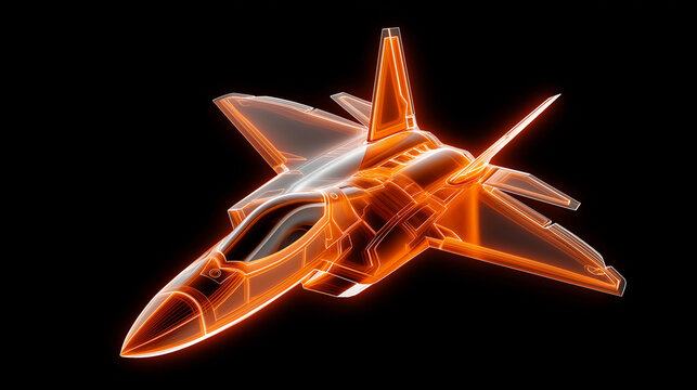 Orangefarbener Kampfjet in leuchtender Neon-Optik vor schwarzem Hintergrund mit futuristischem Design