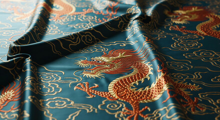 Poster - Teal fabric with embroidered dragons and clouds, showcasing rich texture and detail, representing elegance, tradition, and cultural heritage