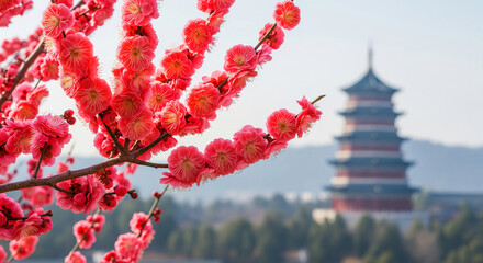 Poster - Close-up of pink plum blossoms on branch, blurred pagoda background, conveying serenity and springtime beauty, ideal for nature or Asian culture themes